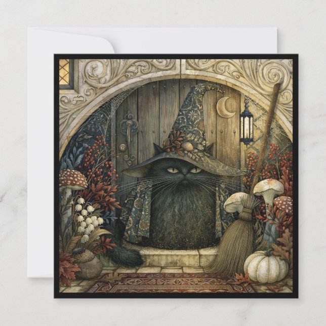 Black Cat in Witch Hat Halloween Party Invitation (Front)