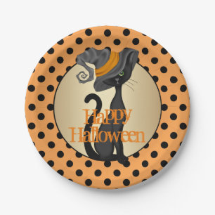 Black Cat in Witch Hat Halloween Party Paper Plate