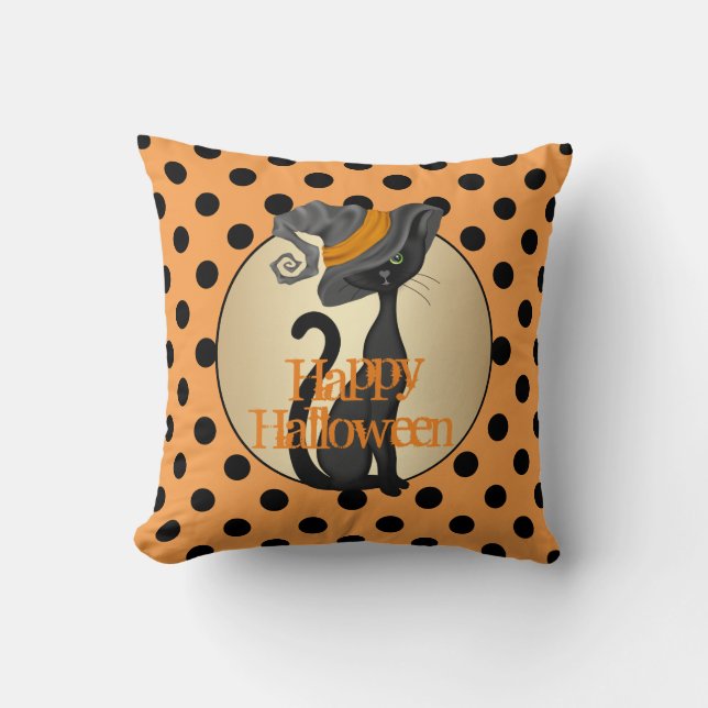 Black Cat in Witch Hat Happy Halloween Cushion (Front)