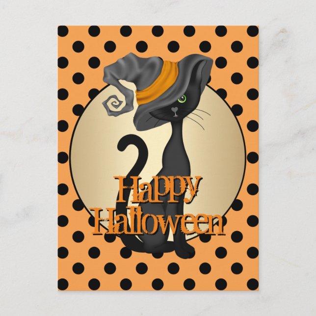 Black Cat in Witch Hat Happy Halloween Postcard (Front)