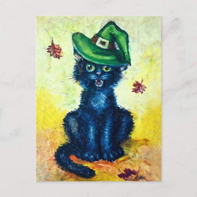 Black cat in witch hat postcard (Front)