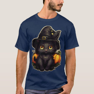 Black Cat In Witches Hat Black Cats Spooky Hallowe T-Shirt
