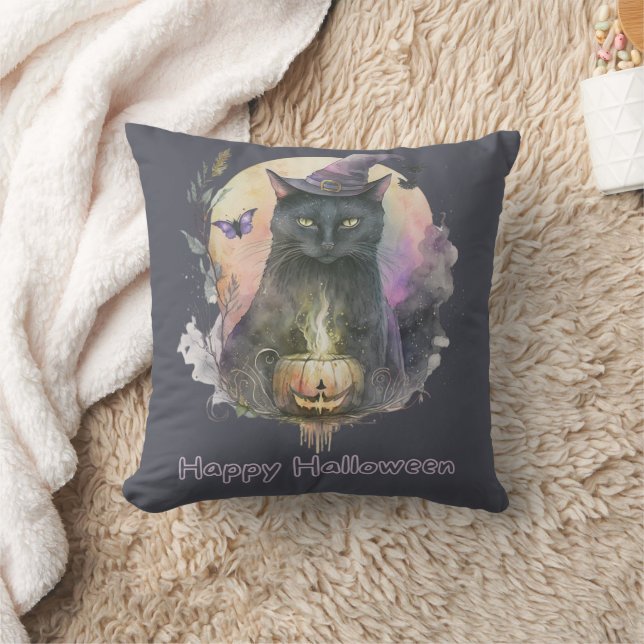 Black Cat in Witches Hat Grey Celestial Halloween Cushion (Blanket)