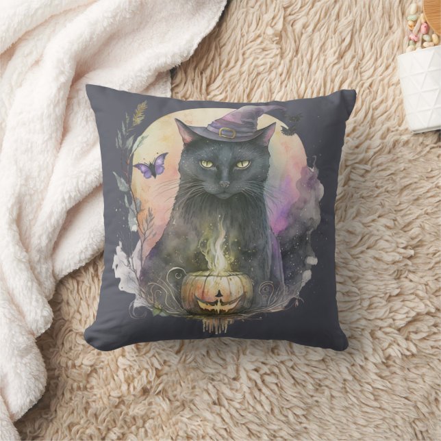 Black Cat in Witches Hat Grey Celestial Halloween Cushion (Blanket)