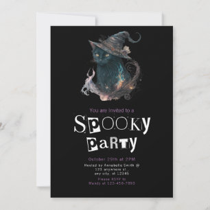 Black Cat in Witches Hat Spooky Halloween Party Invitation