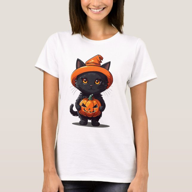 Black Cat in Witches Hat with Pumpkin Halloween T-Shirt (Front)