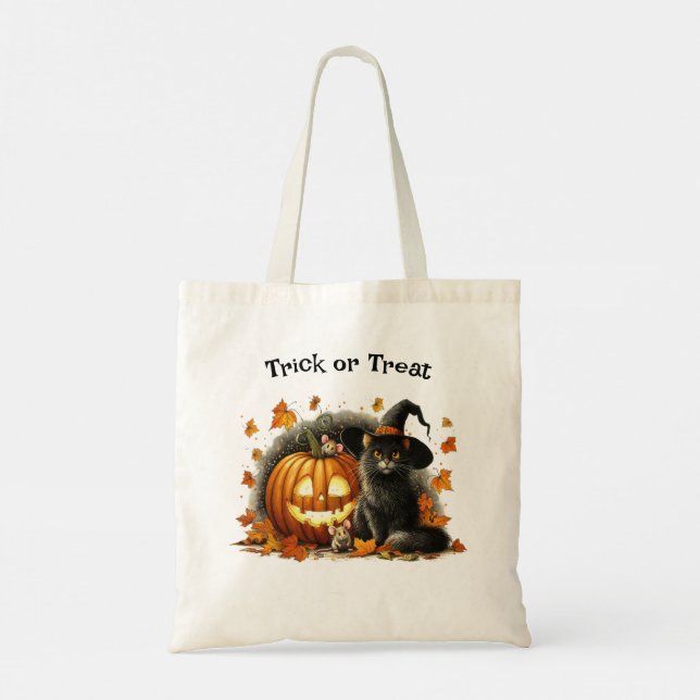 Black Cat in Witch's Hat Halloween Trick or Treat Tote Bag (Back)