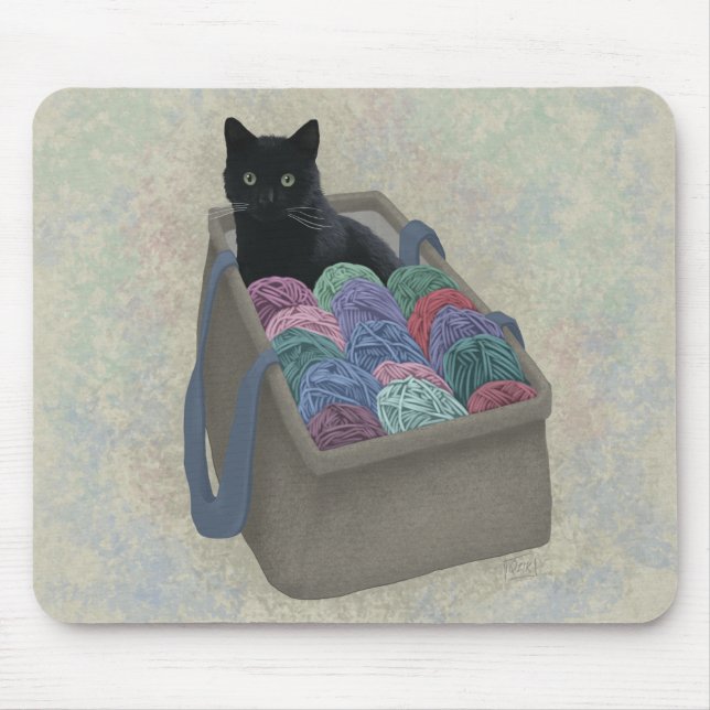 Black cat in yarn bag  mouse pad (Front)