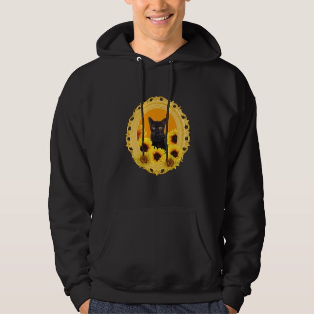 Black Cat in yellow Sunflower Frame Hoodie (Front)