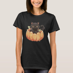 Black Cat inside of a Pumpkin Black Halloween T-Shirt