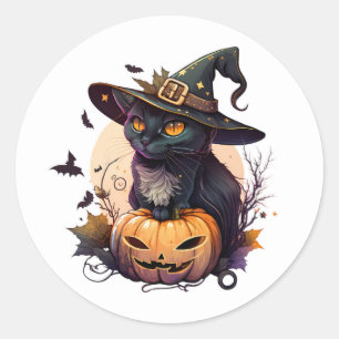 Black Cat Jack-O-Lantern and Bats Classic Round Sticker
