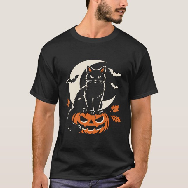 Black Cat Jack O Lantern Halloween T-Shirt (Front)