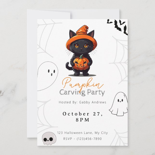 Black Cat Jack-O' Lantern Pumpkin Carving Party Invitation (Front)