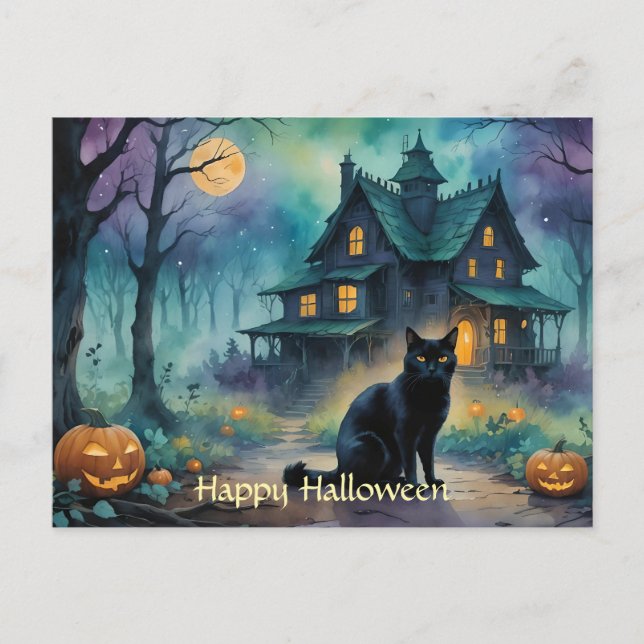 Black Cat, Jack O Lanterns, Spooky House Halloween Postcard (Front)