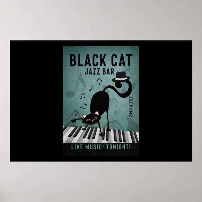 Black Cat Jazz Bar Funny Black Cat Playing Piano Poster (Front)