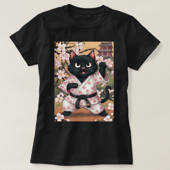 Black Cat Karate Cute Kimono T-Shirt (Design Front)