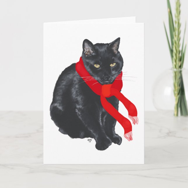 Black Cat Keeping Warm at Christmas Holiday Card (Front)