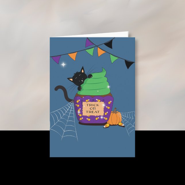 Black Cat Kid Halloween Blue Greeting Card (Fun black cat kid blue Halloween greeting card . )