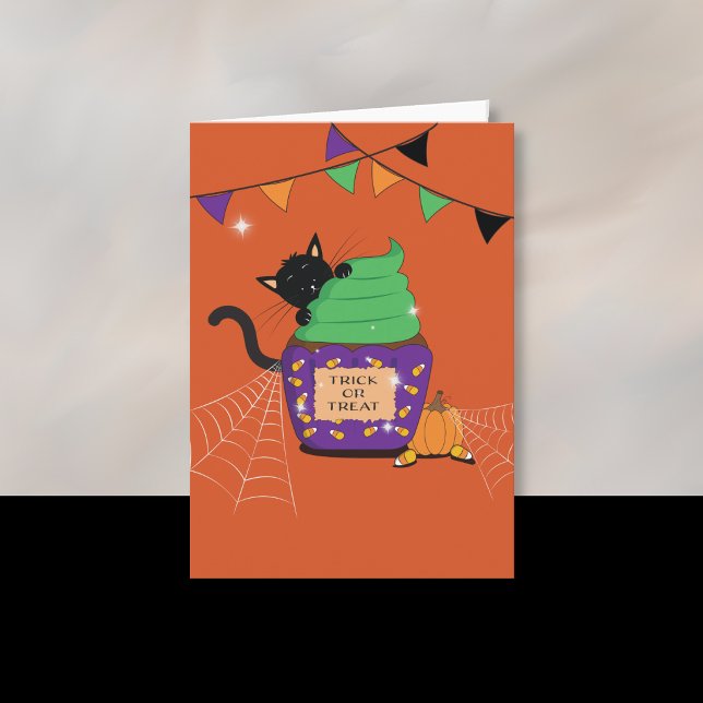 Black Cat Kid Halloween Orange Greeting Card (Cute black cat kid orange Halloween greeting card . )