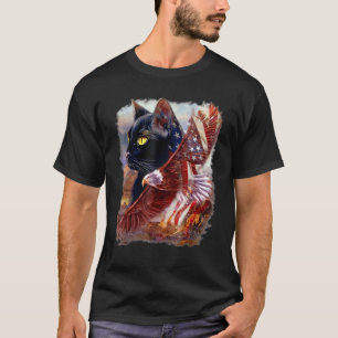 Black Cat Kitten American Flag Eagle 4th July Inde T-Shirt