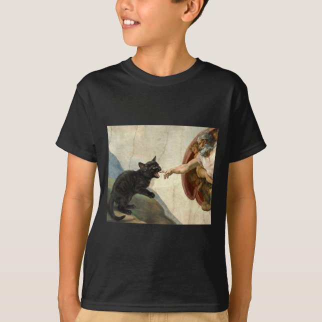Black Cat Kitten Biting Gods Hand T-Shirt (Front)