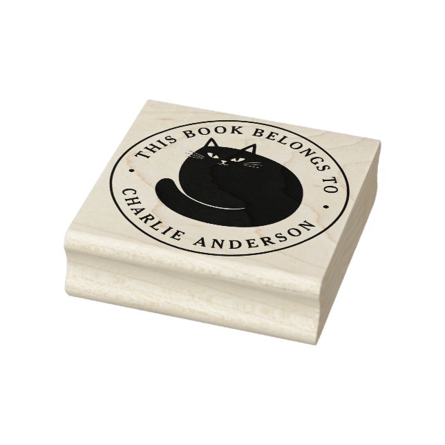 Black cat kitten bookplate library book rubber stamp (Stamp)