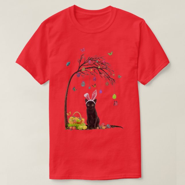 Black Cat Kitten Bunny Egg Easter Tree  T-Shirt (Design Front)