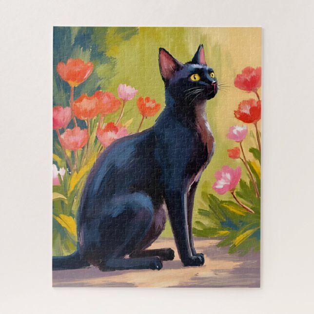 Black Cat | Kitten Pet Watercolor Flowers Painted Jigsaw Puzzle (Vertical)