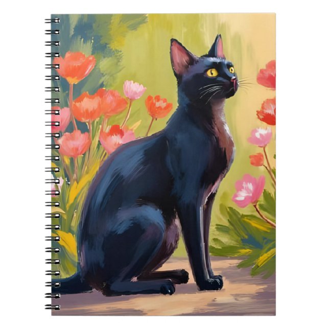 Black Cat | Kitten Pet Watercolor Flowers Painted Notebook (Front)