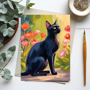 Black Cat   Kitten Pet Watercolor Flowers Painted Postcard