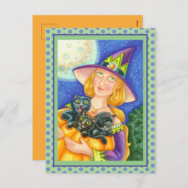 BLACK CAT KITTENS & WITCH HAPPY HALLOWEEN HOLIDAY POSTCARD (Front/Back)