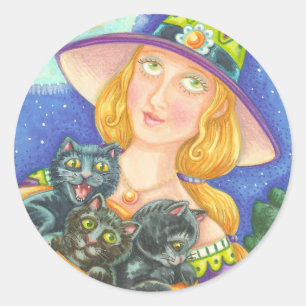 BLACK CAT KITTENS & WITCH STICKERS SHEET Round