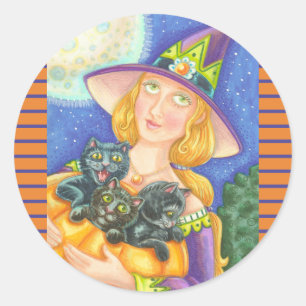 BLACK CAT KITTENS & WITCH STICKERS SHEET Round