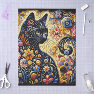 Black Cat Kitty Floral Whimsical Decoupage Tissue Paper