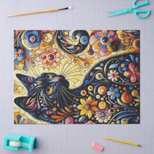 Black Cat Kitty Floral Whimsical Yellow Flowers Tissue Paper
