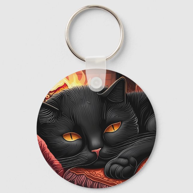 Black cat laying in front of a fireplace key ring (Front)