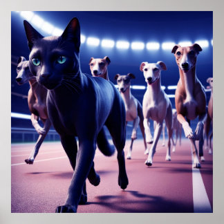 Black Cat Leading Pack Of Dogs At Dog Track Poster