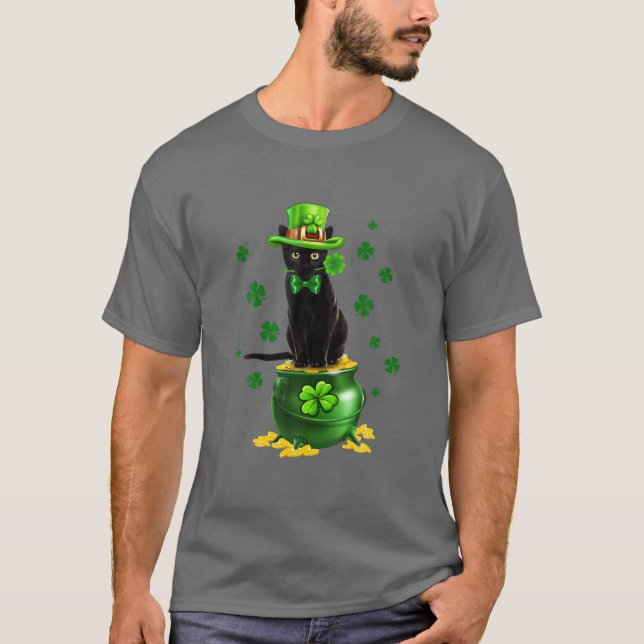 Black Cat Leprechauns Hat Cat Gold Pot St Patrick' T-Shirt (Front)