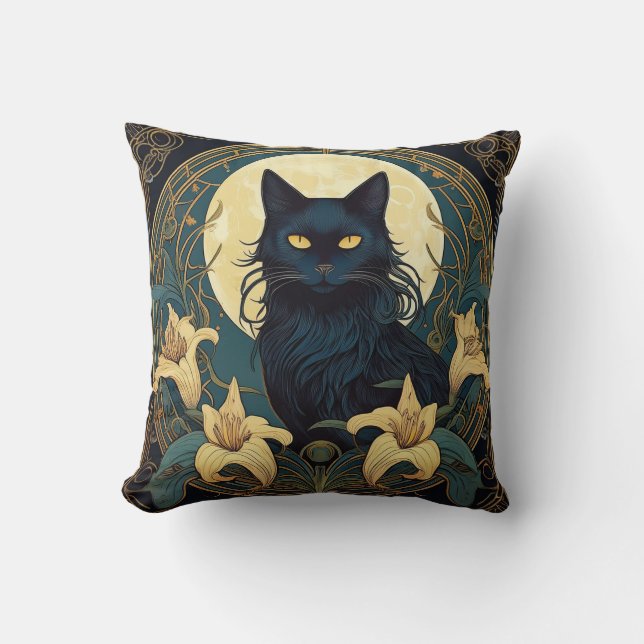 Black Cat Lillies Cushion (Front)