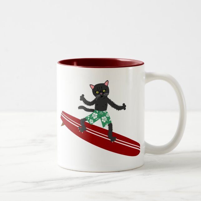 Black Cat Longboard Surfer Two-Tone Coffee Mug (Right)