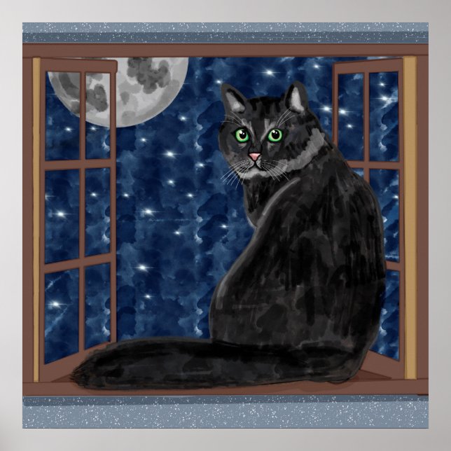 Black Cat Looking at the Moon and Stars  Poster (Front)