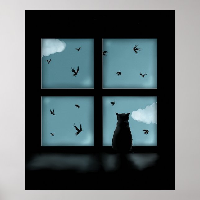 Black Cat Looking Out Window At Heaven Poster (Front)