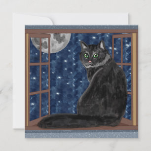 Black Cat Looking out Window at Stars and Moon Card