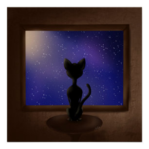 Black Cat looking out window night sky stars  Poster