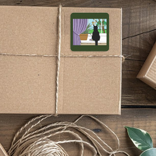 Black Cat Looking Out Window Square Sticker