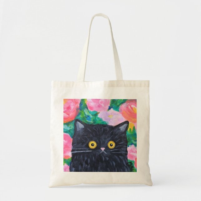 Black Cat Lover Cute Floral Cat Folk Art Cat gift Tote Bag (Front)