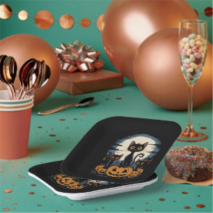 Black Cat Lovers Halloween Starry Night Van Gogh Paper Plate