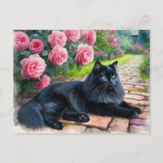 Black Cat Lying by Pink Peonies Animal Lover Postcard