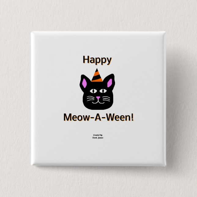 Black Cat Meow-A-Ween 2 Inch Square Button (Front)