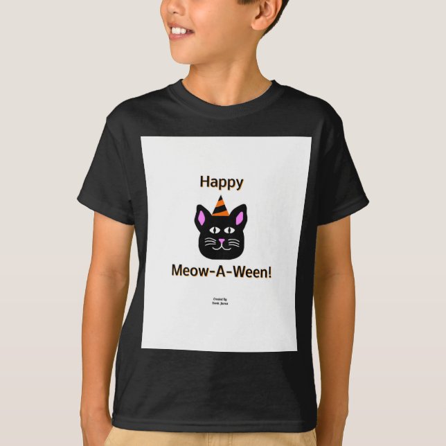 Black Cat Meow-A-Ween Boys Black Basic T Shirt (Front)